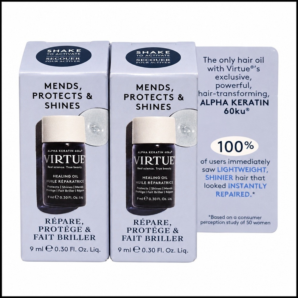 Virtue Healing Oil Travel Size Duo 2x 9ml 0.3oz Alpha Keratin 60ku Hair Serum